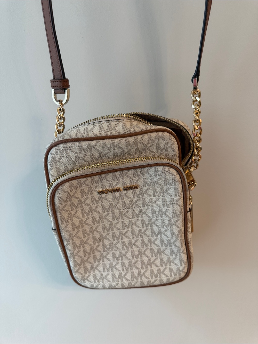 Michael Kors Cream MK Monogram Crossbody Bag with Brown Trim
